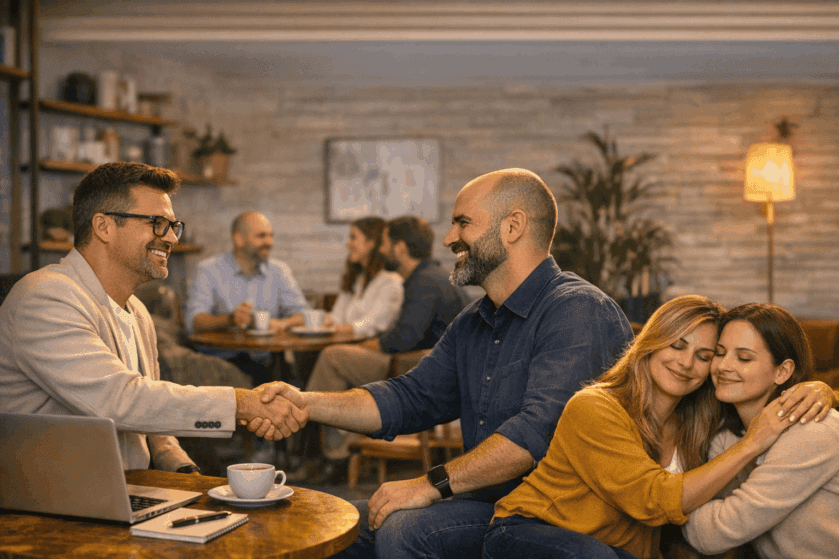 Profissionais em um coworking da Spazio Valore trocando ideias e gestos de acolhimento, simbolizando a filosofia Givers Gain de conexão e crescimento conjunto.