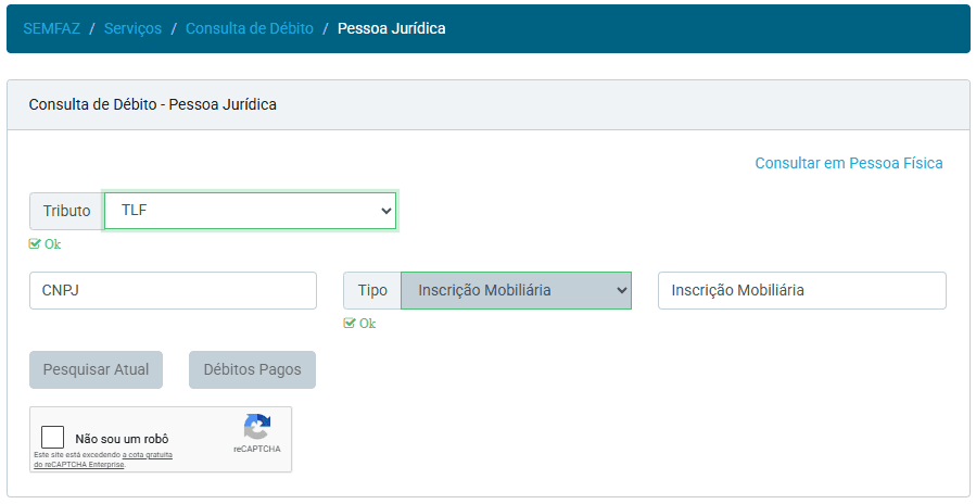 TLF Aracaju - tela de Consulta de Débito Semfaz com CNPJ e Inscrição Mobiliária (CMC)