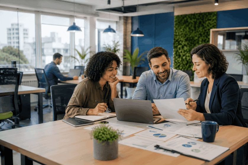 Profissionais reunidos em um coworking analisando documentos e informações sobre regularização empresarial e Inscrição Estadual.